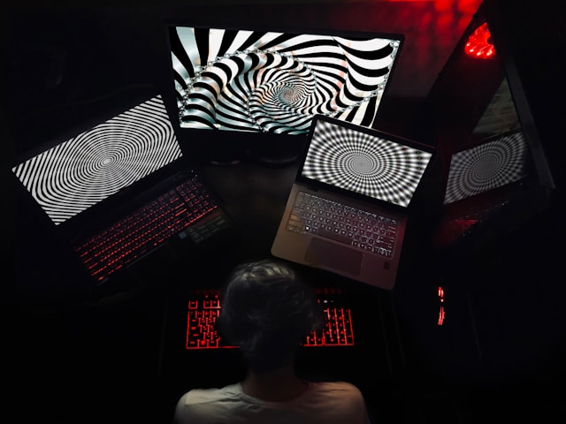 woman in white shirt sitting on chair infront of computers