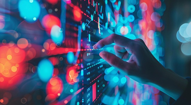Close-up of Hands Typing on Keyboard with Digital Stock Market Display Showing Vibrant Charts and Data, Illustrating Financial Technology and Trading