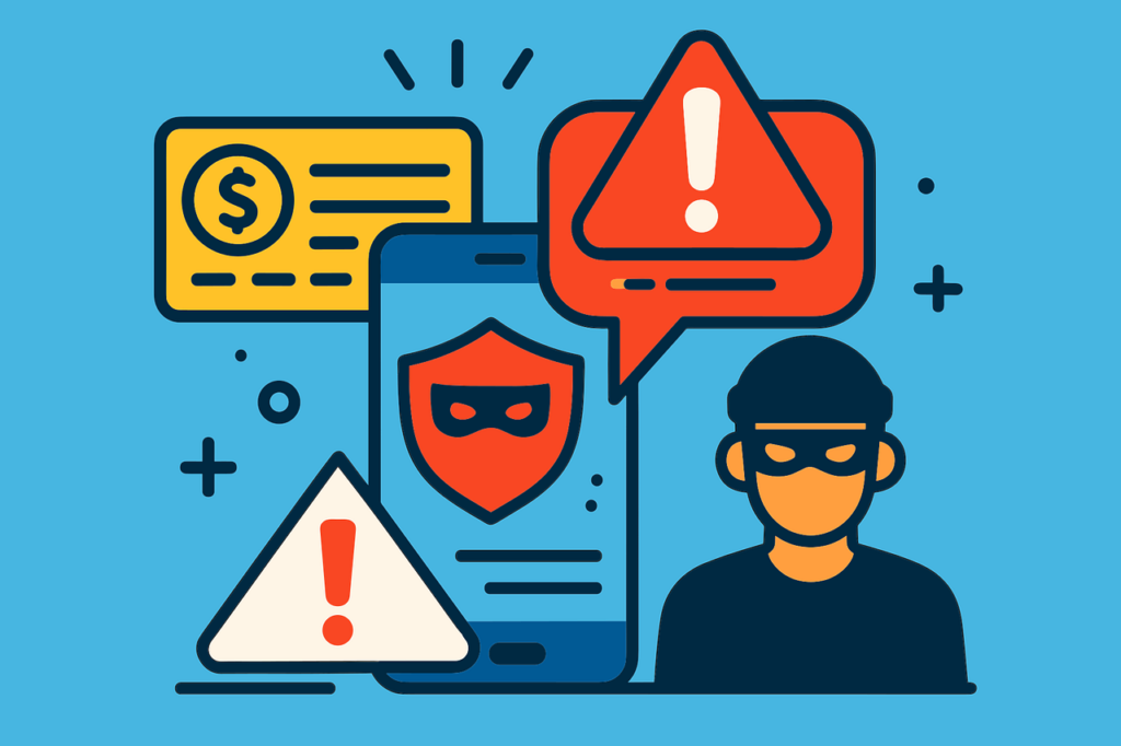 Modern cyber fraud warning illustration featuring a masked thief beside a smartphone with alert icons shield protection and payment symbols
